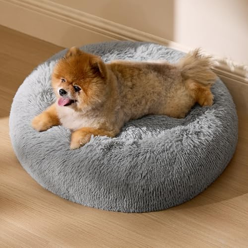 Bedsure Cama para Perro Lavable - Ø 60 cm, Cama Suave para Gato, Espacio de Descanso para Gatos y Perros pequeños, cojín Redondo de Peluche, Cama acogedora, Gris Claro