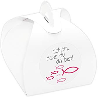 24 x Kartonagen + Aufkleber 'Fische' Gastgeschenke Set für Taufe, Kommunion, Konfirmation (Schön, dass du da bist! - pink)