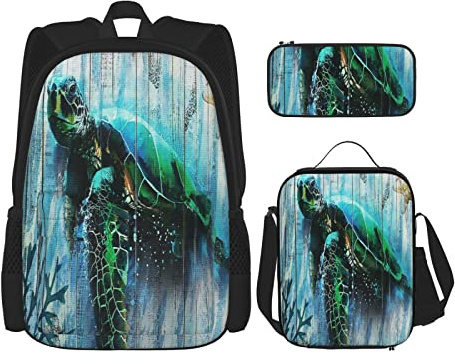 IUBBKI Juego de 3 mochilas de acuarela, marina, coral, estrella de mar, tabla de madera, bolsa de libro, viaje, camping, trabajo, escuela, bolsa de lápices, bolsa de almuerzo, combinación para homb