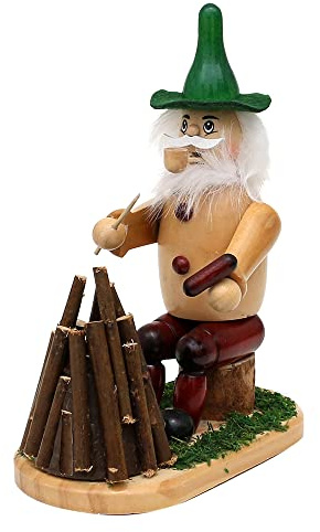 Wichtelstube-Kollektion Premium Holz Räuchermännchen Waldwichtel am Lagerfeuer natürlich uriger Räucherwichtel für 2 Räucherkerzen, 16,5 x 9 x 19 cm