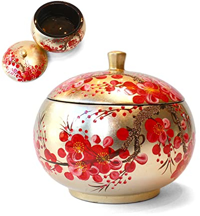 Art Saigon Boîte Ronde en Bois Laqué Doré Ø10,5cm, Fleur de Cerisier Rouge, Fait Main - Coffret à Bijoux de Rangement pour Bague, Bracelet, Collier - Décoration Asiatique (S38-108)