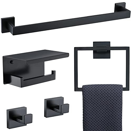 TNOMS Black Towel Bar Set 5-Piece Bathroom Hardware Set Including 23.6 Inch Towel Bar,Towel Ring Towel Hook and Toilet Paper Holder with Shelf,Stainless Steel Bathroom Accessories Set