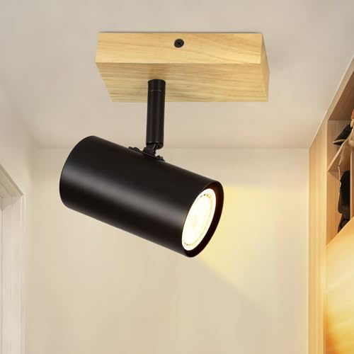 Glitzerlife Ceiling Spot 1 Spot Wood Plafón GU10 Negro Giratorio 330° | Foco de Pared Foco de Interior Dormitorio para Salón Pasillo Cocina Comedor