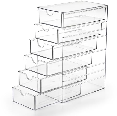 Hipiwe Plastic Drawer Organizer Clear Desktop Drawers Box with 6 Pull Out Drawer Compact Storage Box for Cabinet Vanity Bathroom Bedroom Pantry Shelf Office Closet Organization