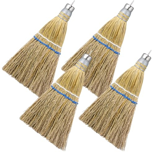 Suclain 4 Pcs 12 Inch Whisk Broom Hand Held Mini Corn Straw Whisk Broom Short Handle with Metal Hanger Halloween for Multi Surface Sweeping Small Hand Brush for Outdoor Car Porch Debris Dust Dirt