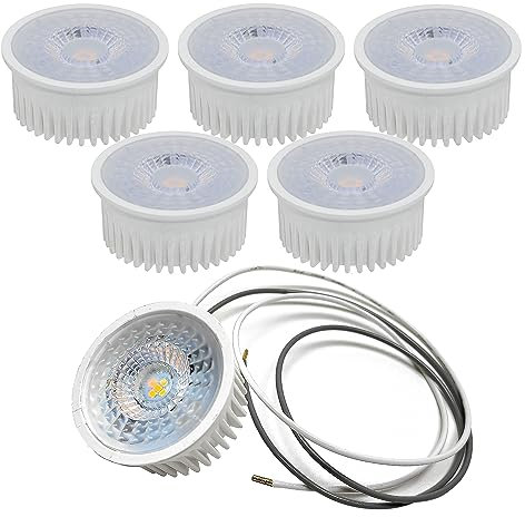 Trango 5er Pack 5 Watt 3 Stufen dimmbar MCOBSD-C*5 LED Modul inkl. je 75cm Kabel T: 3cm 3000K warmweiß zum Austauschen Einbauleuchte, Deckenstrahler, Einbaustrahler GU10 & MR16 Leuchtmittel