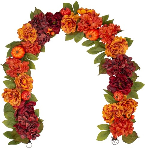 Oairse Autumn Garland 6ft/183cm Hanging Fake Fall Garland with Pumpkin, Peony, Hydrangea Flower Autumn Decorations for Mantel Home Indoor Thanksgiving Party Wall Fireplace Backdrop Decor