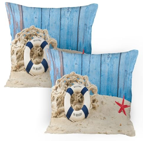 ABAKUHAUS Boje Kissenbezug Packung mit 2, Rettungsring mit Begrüßungsnachricht am Strand Küstenlinie Vintage Bild Druck, Dekorativer Standard Gedruckter Kissenbezug, 80 x 80 cm, Eischale Blau Rot