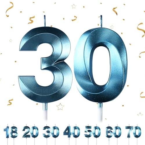 Geburtstagskerzen Zahlen 30,Blau Geburtstagskerzen, 3D Diamant Form Kuchen Kerzen Zahl 18 20 30 40 50 60 70 Glitzer Kuchen Topper Dekoration für Hochzeit Geburtstag Jubiläum