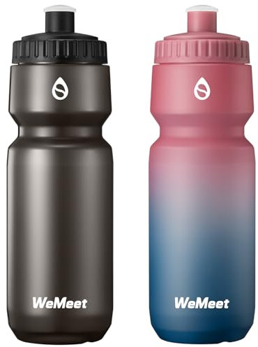 WEMEET Mountainbike Wasserflasche 2er-Pack, Squeeze Trinkflasche Fahrrad mit Kapazitätsskala, Auslaufsichere Fahrradflasche, BPA-frei, für Radsport, Fitnessstudio (Schwarz & Rot Blau, 700ml)