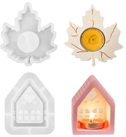 HENGBIRD 2 Stück Silikonform Kerzenhalter Herbstdeko, 3D Haus und Ahornblatt Silikonformen Gießformen Silikon Gießformen, Silikonform Weihnachten Gießform Weihnachten zum Gießen für Herbst Dekoration