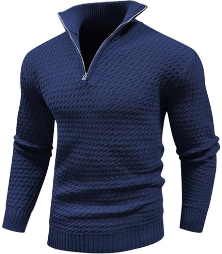 Genfien Jersey Hombre Invierno Suéter Cuello Alto Regular Fit Jersey de Canalé con Cremallera de un Cuarto Suéteres de Punto Jersey de Punto para Hombre Básico Cálido