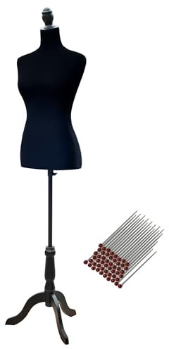 HOMCOM Manichino da cucito femminile regolabile a 130-168 cm con treppiede in legno 50 spille colorate per la fotografia di moda e l'esposizione di indumenti Nero