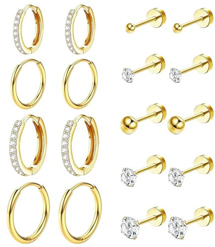 MeoZynxadril 9 Paar Edelstahl Ohrstecker Set, Runde Gold Ohrringe für Damen Herren, Flache Rückseite, Geschenke Knorpel Creolen