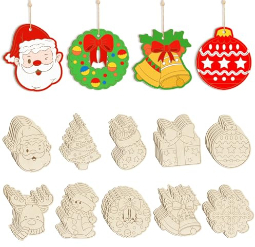 Bastelset Holz Basteln Kinder, 80 Pcs Holzanhänger zum Bemalen, Ornamenten für Weihnachtsbaum, DIY Weihnachtsdekoration Baumschmuck (10 Muster)