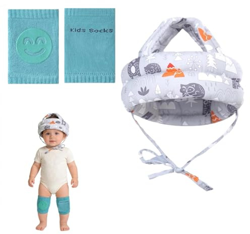 2-Piece Set Baby Head Protector with Soft Padding, Lightweight Design for Comfort, Grey Baby Helmet and Knee Pads, Babys Backpack Head Protector for Daily Use