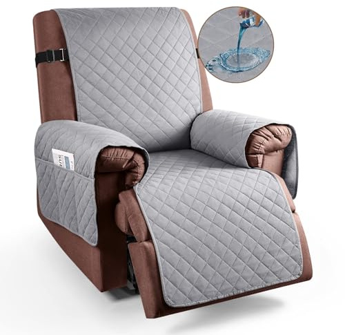 Braozaiw armchair covers, Waterproof sofa covers, with Pockets, Machine Washable, Furniture Protector Cover for Kids and Pets Non-Slip Chair Cover for Recliner Armchairs (Grey, Recliner)