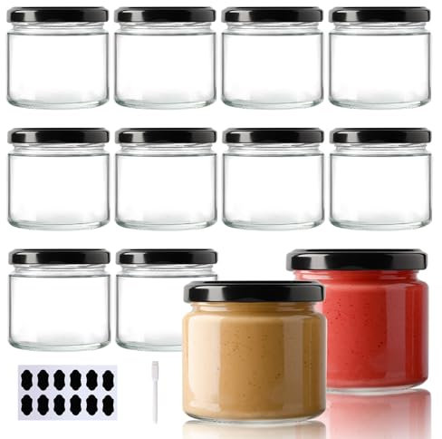 YBCPACK 150ml 12 Pack Glass Jam Jars with Black Lids, 5 oz Mini Jars with Airtight Lids for Label, Pen, Reusable Small Storage Jars for Jam, Honey, Spices, Chutney