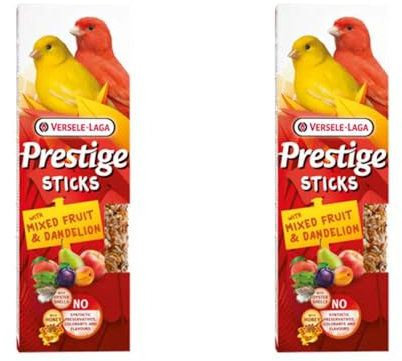Versele-Laga Prestige Sticks Kanarien gemischte Früchte & Löwenzahn | Doppelpack | 2 x 60 g | Snack für Kanarienvögel | Ohne synthetische Konservierungsmittel, Farbstoffe oder Aromen