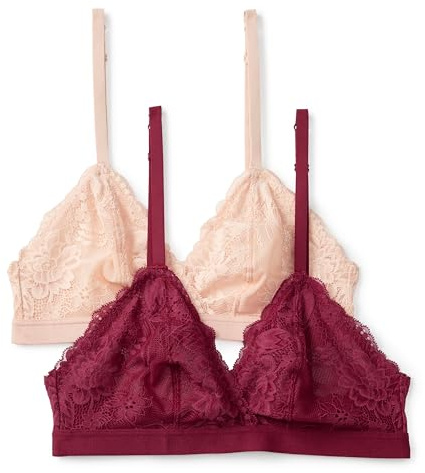 Amazon Essentials Damen Stretch-Triangel-Bralette mit Galonspitze, 2er-Pack, Burgunderrot/Helles Blütenblatt, XL