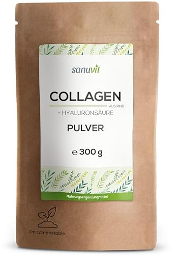 Sanuvit® Collagen Pulver mit Hyaluronsäure & Vitamin C | 300 g Beutel | reines Collagen-Peptid-Hydrolysat (aus Rind) | mit veganer Hyaluronsäure | täglicher Bedarf an Vitamin C | Österreich