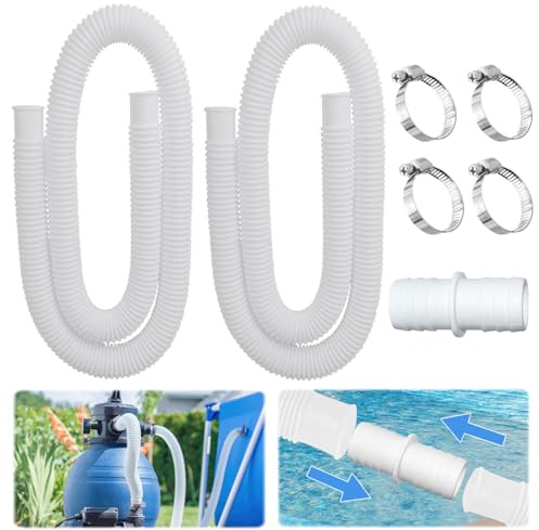 Tuyau de Piscine 32mm, 2Pcs 150cm Tuyau pour Pompe de Piscine avec 4 x Clips de Sécurité et 1 x Raccord de Tu-yau, Tu-yau de Rechange pour Pis-cine pour Pompe de Filtration et Pis-cine