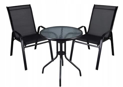 BDW Juego de muebles de balcón - Mesa redonda de vidrio 60 x 70 cm con 2 sillas de textilene - Para balcón, terraza, jardín - Negro