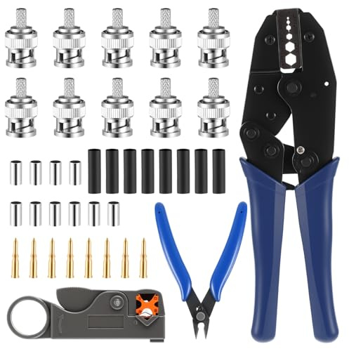Kit de herramientas de cable coaxial, herramienta de crimpado BNC con 10 conectores macho BNC, cortador pelacables coaxiales, cortador de cable de alambre y tubo termorretráctil para RG58/RG59/RG62