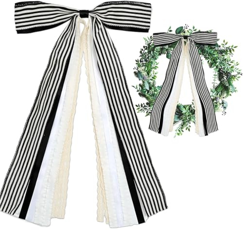FYSUIMU Large White Black Stripe Bow for Wreath Farmhouse Fabric Ribbons Set Assorted Ribbon Decorative Bow Clip-On Wreath Sash Ribbon Bundle for Indoor Outdoor Decor