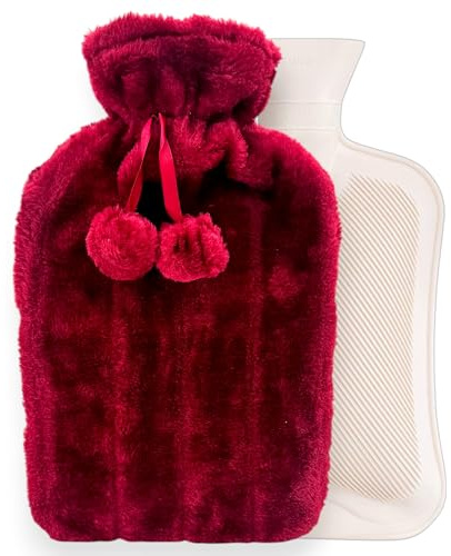 2L Hot Water Bottle with Soft Faux Fur Cover – Leakproof Natural Rubber – Long-Lasting Warmth for Everyday Comfort – Fluffy Cosy Design for Men & Women – Winter Essential – Wine Red