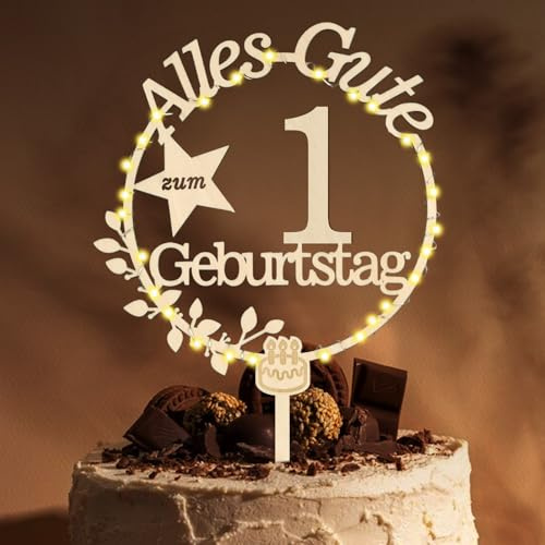 Cake Topper 1. Geburtstag Holz mit LED Lichterkette - Tortendeko 1. Geburtstag Deko - Kuchen Deko für Jungen Mädchen