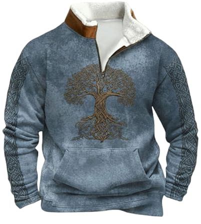 Generisch Jersey de forro polar oversized para hombre de manga larga | Sudadera con capucha de mitología nórdica con tatuajes vikingos | Sudadera estampada con cremallera 1/4 | Jersey de cuello alto
