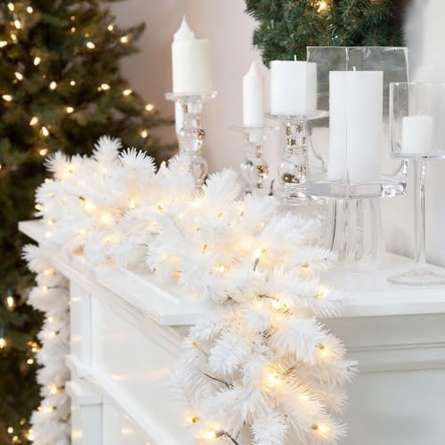5.5M/ 18Ft Christmas Garland with Lights, 600 Tips White Garland for Fireplace Stairs Artificial Wreath with Warm 100 Leds, 8 Lighting Methods for Xmas Tree Front Door Home Holiday Decor