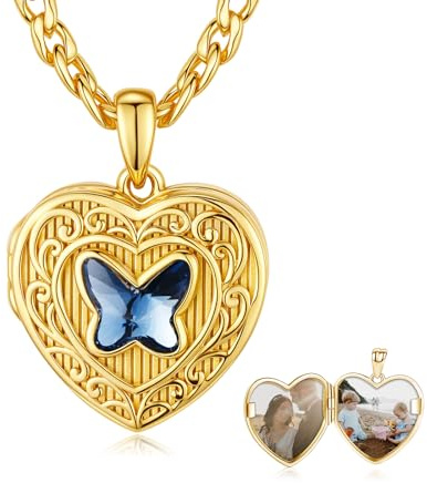 REDSUN Collier médaillon photo en argent sterling 925 avec pendentif en forme de cœur avec papillon et cristal plaqué or 18 carats - Cadeau d'anniversaire pour femme