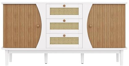muenfly Buffet en noyer et blanc avec tiroirs en rotin, 140 cm de large, commode avec 3 portes coulissantes et pieds en bois massif, armoire de rangement familiale avec coins arrondis