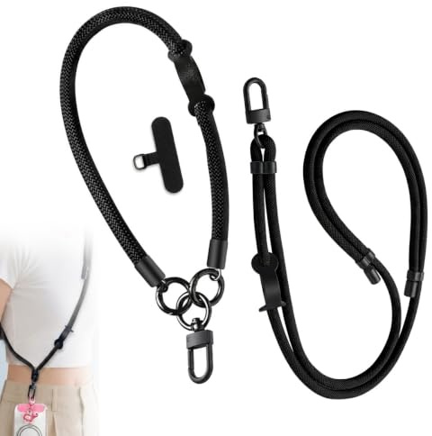 Lahkvor 2 Piezas Correa para Teléfono Móvil, 1x Pulsera de Muñeca Negra y 1x Cordón Largo Ajustable, Cadena Anti-Pérdida para Smartphone, Accesorio de Transporte Práctico para Diario y Viajes