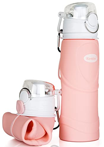 Kemier Botellas de Agua de Silicona Plegables–750ML,Calidad Médica Libre de BPA,Aprobado por FDA.Puede Enrollarse Hasta 26 oz,Botellas de Agua Plegables a Prueba de Fugas Para el Aire Libre y Deportes