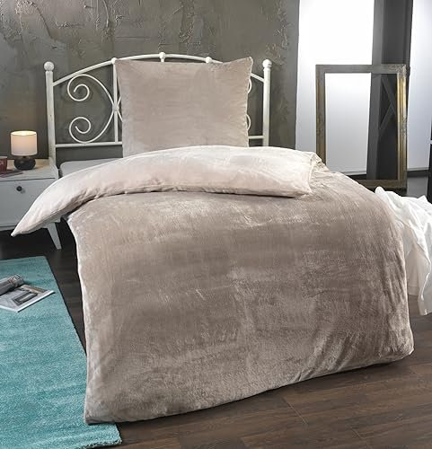 MALIKA Winter Plüsch Wendebettwäsche Nicky-Teddy 'Cashmere Touch' 135-155 - 200x200 Coral Fleece, Farbe:BEIGE-Taupe, Größe:135 x 200 cm