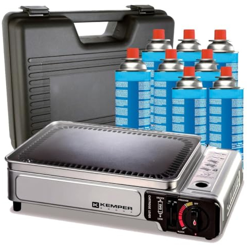 KEMPER - Gasgrill, tragbar, 2300 W, Antihaftplatte + 8 Camping-Gaskartuschen + Transportkoffer