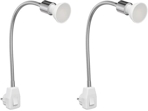 ledscom.de 2 Stück Steckdosenlampe LESCH Leselampe Schwanenhals Schalter Chrom + GU10 LED Lampe weiß 3-Stufen Dimmen: max. 609lm