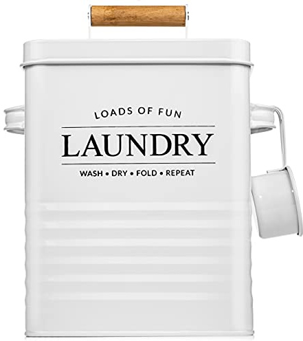 Calindiana Modern Farmhouse Metal Laundry Soap Dispenser with Scoop for Decor and Space Saving Organization, White