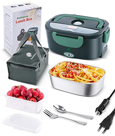 Andmenow 80W Scaldavivande Elettrico, Scaldavivande Portatile per Auto e Casa, Contenitore Rimovibile in Acciaio Inossidabile 304, Forchetta e Cucchiaio SS e Borsa Per il Trasporto (Grigio+Verde)