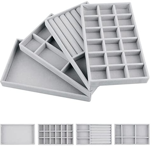 EXLECO 4 Vassoi per Gioielli Velluto Organizer Cassetti Porta Gioielli Donna Gioielli Cassetto Impilabili Espositore Anelli Portagioie Cassetto Ragazze Porta Orecchini Organizer per Collane Grigio