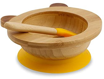 BIOZOYG Set con ciotola di bambù Orso Panda I Ciotola con base a ventosa e cucchiaio - certificato FSC I Splendida scodella in legno di bambù per bambini - ciotola da pappa e muesli rotonda giallo