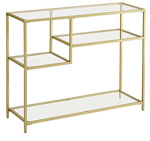VASAGLE Consolle, tavolino da corridoio, in vetro temperato, struttura in metallo, con ripiani, 35 x 100 x 80 cm, moderno, per ingresso e soggiorno, colore oro LGT022A61