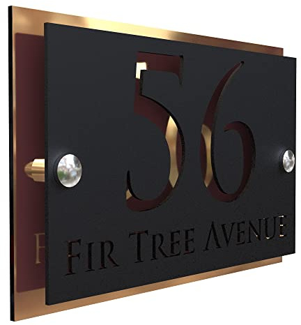 K Smart Sign | Simpatico | Modern laser Cut House Signs 3d effect door number address style sign plaques address numbers | 200mm x 130mm (Copper Mirror & Matt Black)