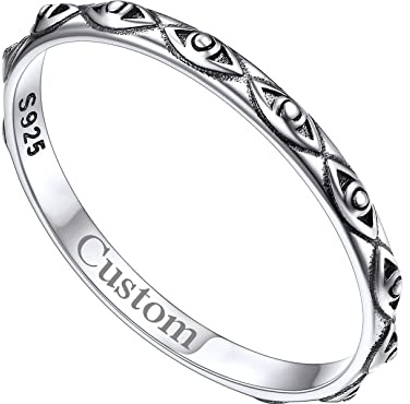 FOCALOOK Gravierter Ring Damen Silber 925 - Verlobungsring Breit 2MM Siegelring Böser Blick Größe 64MM - Herren Vintage Schmuck für Frauen
