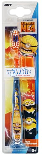 Minions Little Teeth - Cepillo de dientes para niños a partir de 3 años, cerdas redondeadas suaves al tacto, agarre cómodo, tapa protectora y ventosa para almacenamiento vertical