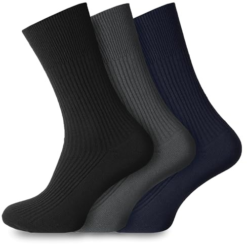 Socksmad Herr icke-elastisk 100 % bomull mjuk topp diabetikervänliga strumpor slät tåsöm, Svart maringrå, 40-45 EU