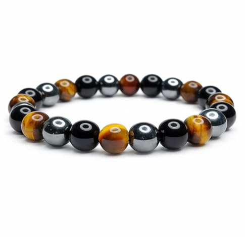 Armband 3 stenar tigeröga hematit onyx naturliga stenar 8 mm fina ädelstenar herr mineraler smycken gåva skydd litoterapi födelsedag dam, 18 cm, Sten, Hematit onyx tigeröga